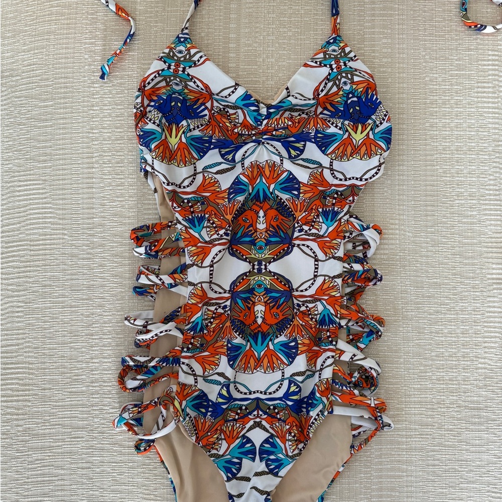 Mara Hoffman Orange and Blue One Piece Swimsuit Kaleidoscopic Design